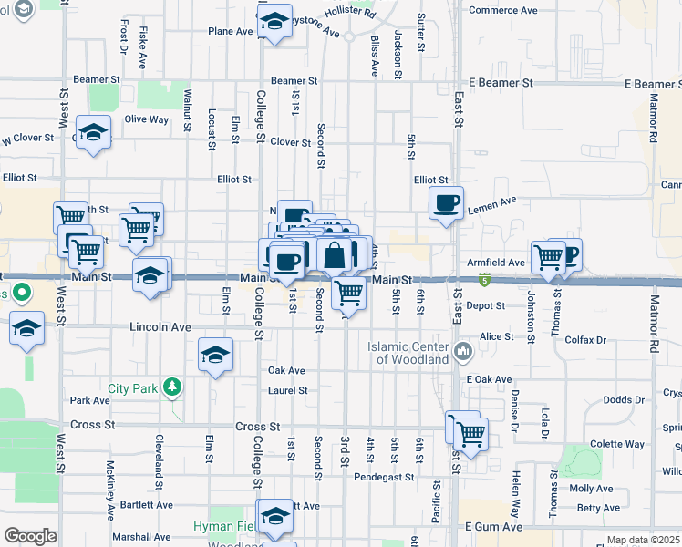 map of restaurants, bars, coffee shops, grocery stores, and more near 707 Main Street in Woodland