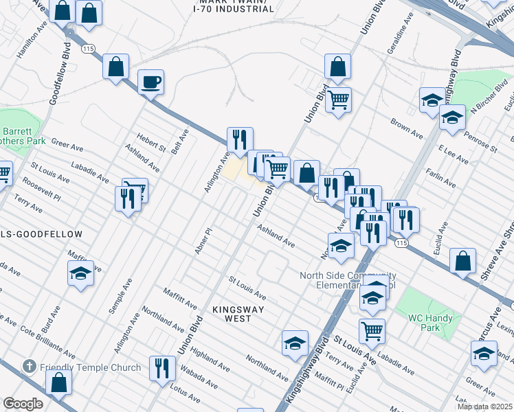 map of restaurants, bars, coffee shops, grocery stores, and more near 3401 Union Boulevard in St. Louis