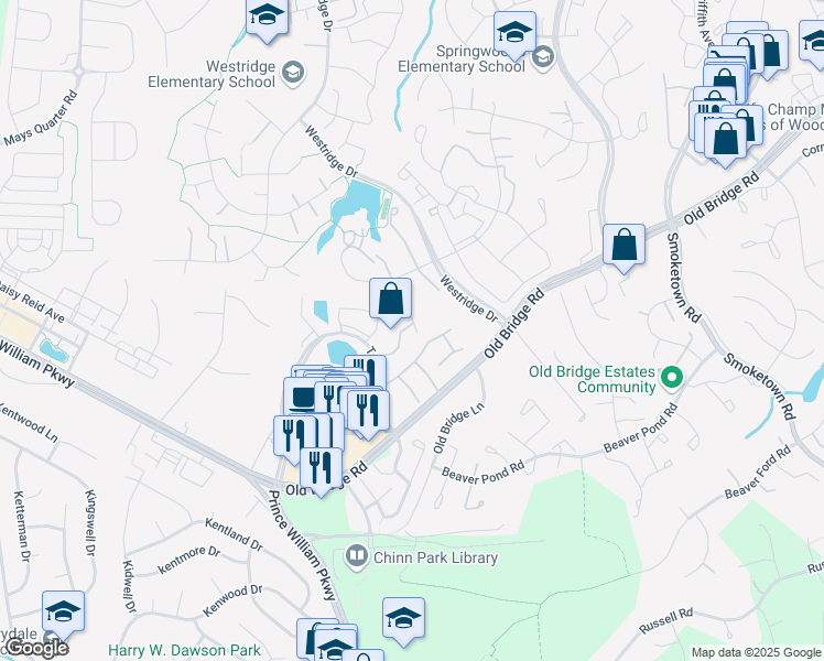 map of restaurants, bars, coffee shops, grocery stores, and more near 12743 Sidney Way in Woodbridge