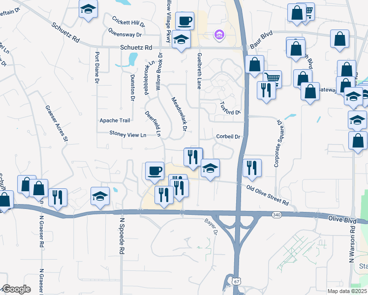 map of restaurants, bars, coffee shops, grocery stores, and more near 10423 Willowdale Drive in St. Louis