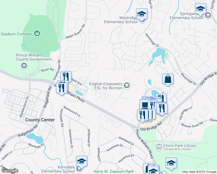 map of restaurants, bars, coffee shops, grocery stores, and more near 12737 Effie Rose Place in Woodbridge