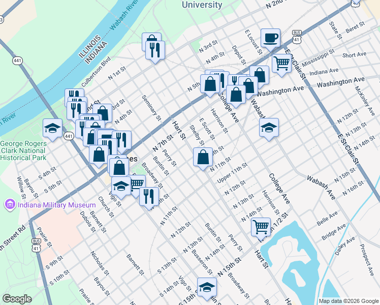map of restaurants, bars, coffee shops, grocery stores, and more near 906-998 Hart Street in Vincennes