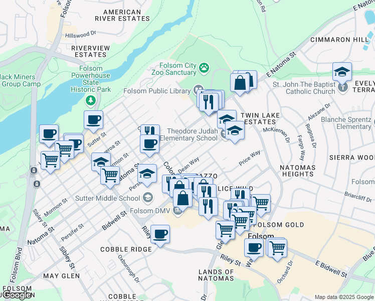 map of restaurants, bars, coffee shops, grocery stores, and more near 215 Persifer Street in Folsom