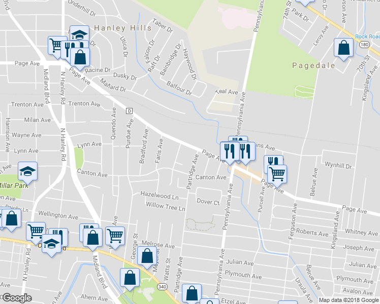 map of restaurants, bars, coffee shops, grocery stores, and more near 7400 Page Avenue in St. Louis