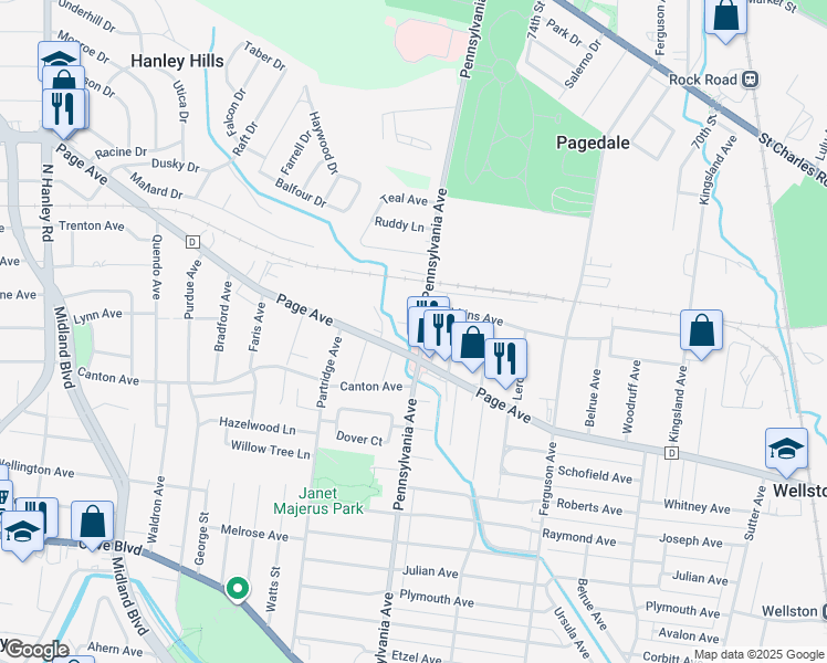 map of restaurants, bars, coffee shops, grocery stores, and more near 7171 Page Avenue in St. Louis