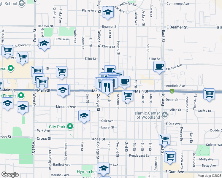 map of restaurants, bars, coffee shops, grocery stores, and more near 601 Main Street in Woodland