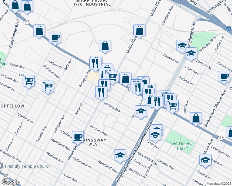 map of restaurants, bars, coffee shops, grocery stores, and more near 5228 Palm Street in St. Louis