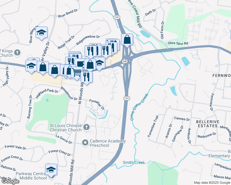 map of restaurants, bars, coffee shops, grocery stores, and more near 13300 Wood Chapel Drive in St. Louis