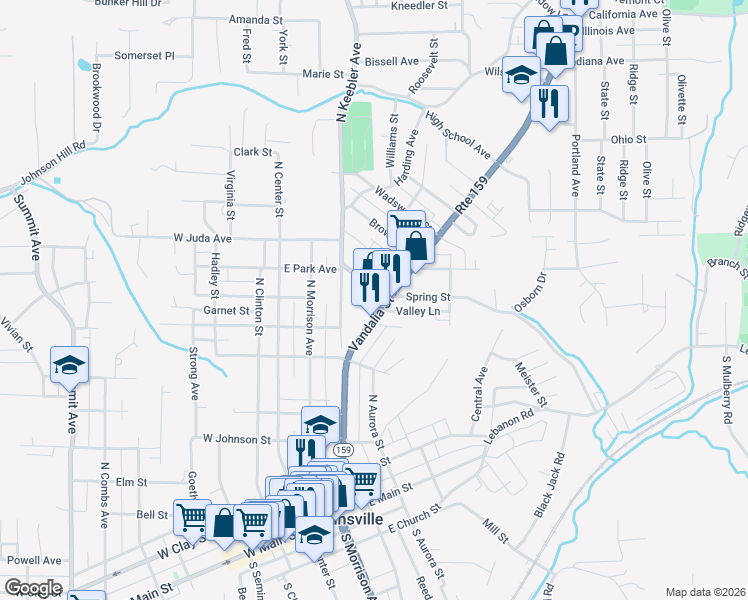 map of restaurants, bars, coffee shops, grocery stores, and more near 607 Vandalia Street in Collinsville