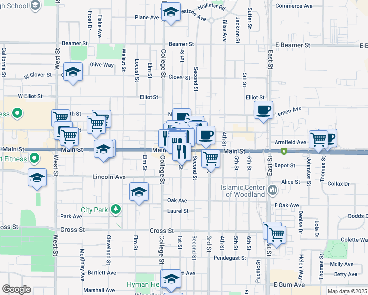 map of restaurants, bars, coffee shops, grocery stores, and more near 601 Main Street in Woodland