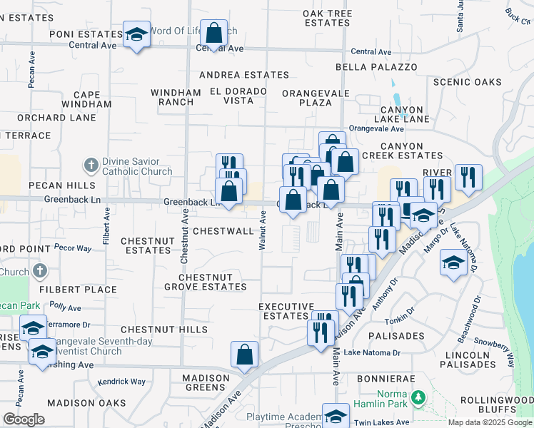 map of restaurants, bars, coffee shops, grocery stores, and more near 9338 Greenback Lane in Orangevale