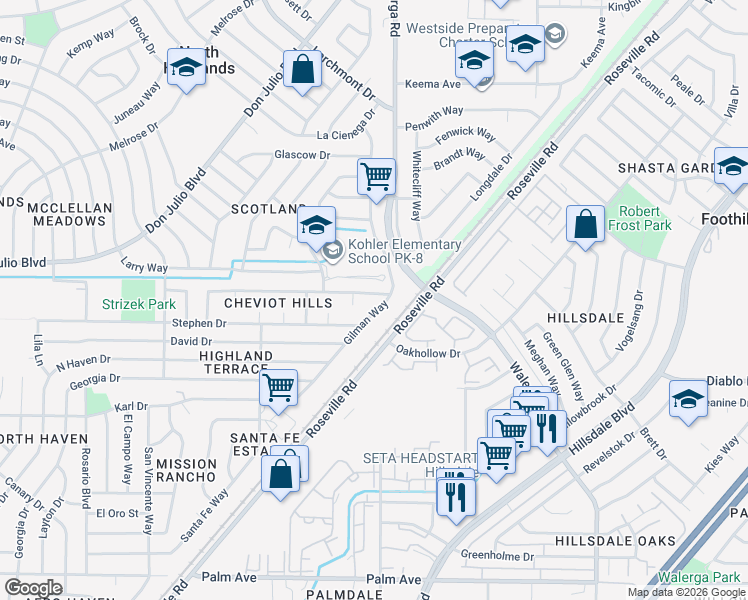 map of restaurants, bars, coffee shops, grocery stores, and more near 6113 Gilman Way in North Highlands