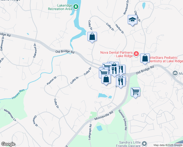map of restaurants, bars, coffee shops, grocery stores, and more near 12708 Kingsbury Court in Woodbridge
