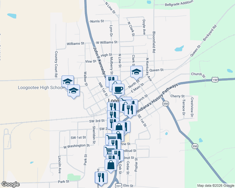 map of restaurants, bars, coffee shops, grocery stores, and more near 103 Public Square Street in Loogootee