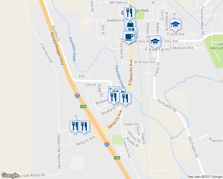 map of restaurants, bars, coffee shops, grocery stores, and more near 401 Shield Rd in Fountain