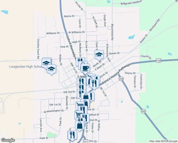 map of restaurants, bars, coffee shops, grocery stores, and more near in Loogootee