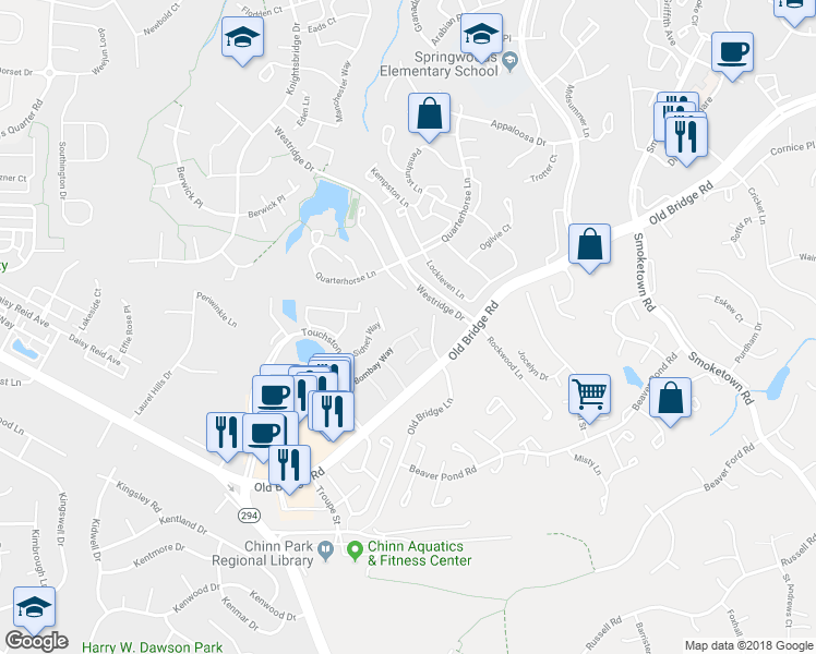 map of restaurants, bars, coffee shops, grocery stores, and more near 12726 Bombay Way in Woodbridge