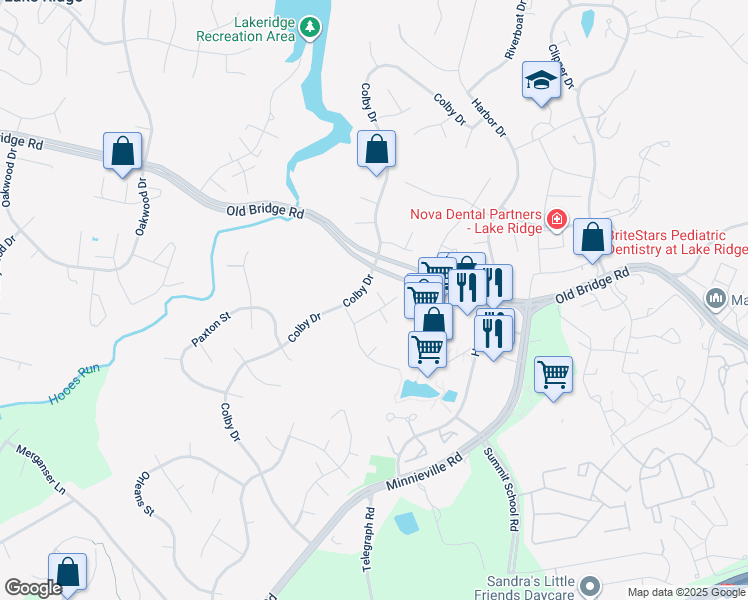 map of restaurants, bars, coffee shops, grocery stores, and more near 12708 Kingsbury Court in Woodbridge