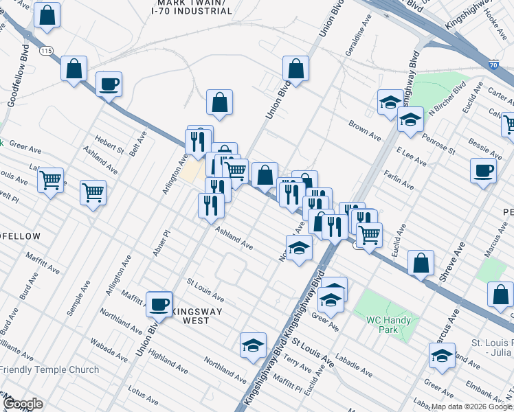map of restaurants, bars, coffee shops, grocery stores, and more near 5167 Palm Street in St. Louis
