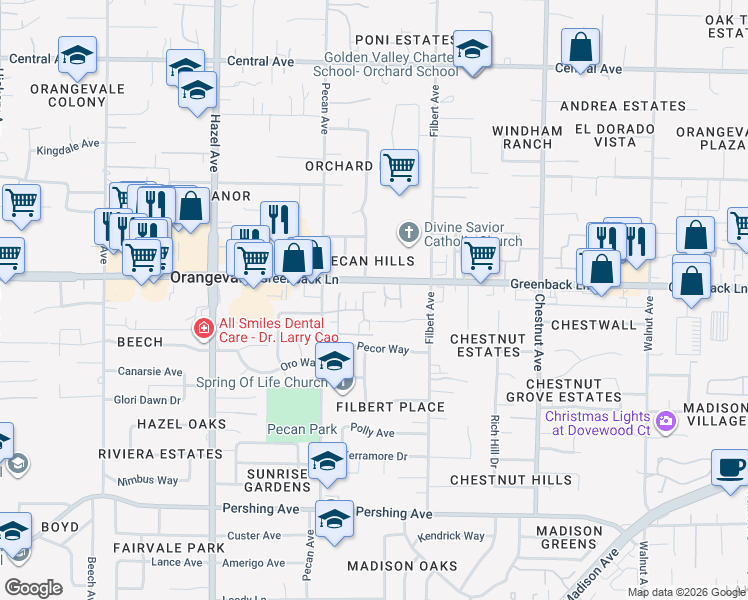 map of restaurants, bars, coffee shops, grocery stores, and more near 6136 Passiflora Lane in Orangevale