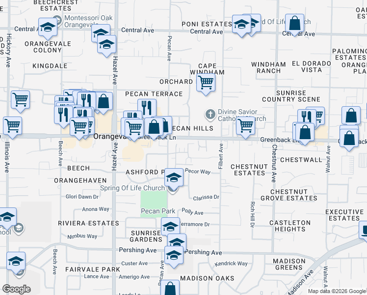 map of restaurants, bars, coffee shops, grocery stores, and more near 9035 Crescenda Lane in Orangevale