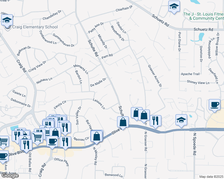 map of restaurants, bars, coffee shops, grocery stores, and more near 13 Lauder Court in St. Louis