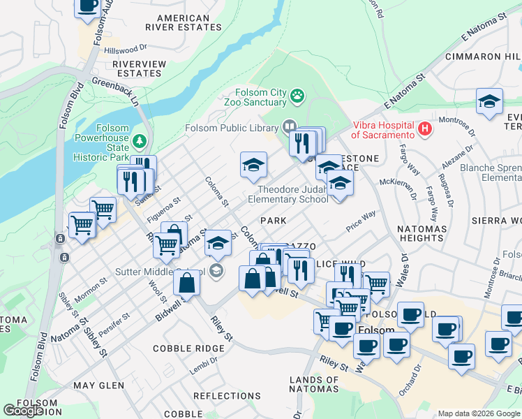 map of restaurants, bars, coffee shops, grocery stores, and more near 216 Persifer Street in Folsom