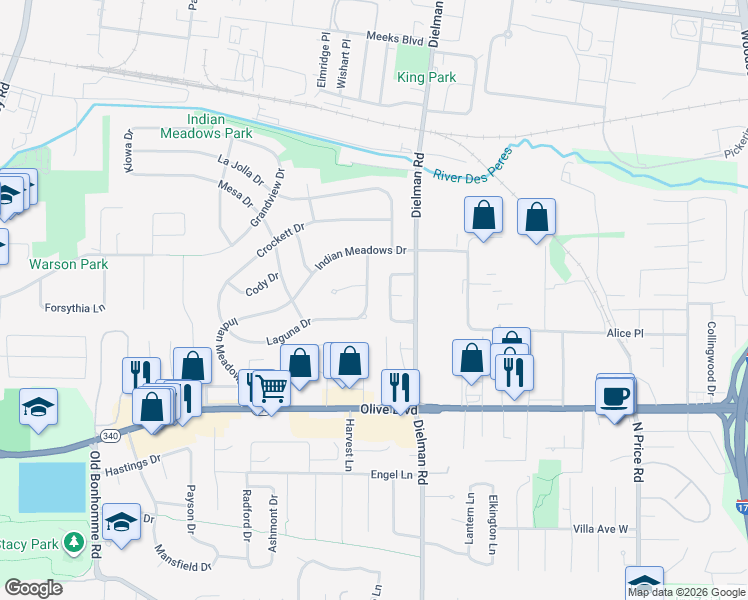 map of restaurants, bars, coffee shops, grocery stores, and more near 1188 Cimarron Drive in Olivette