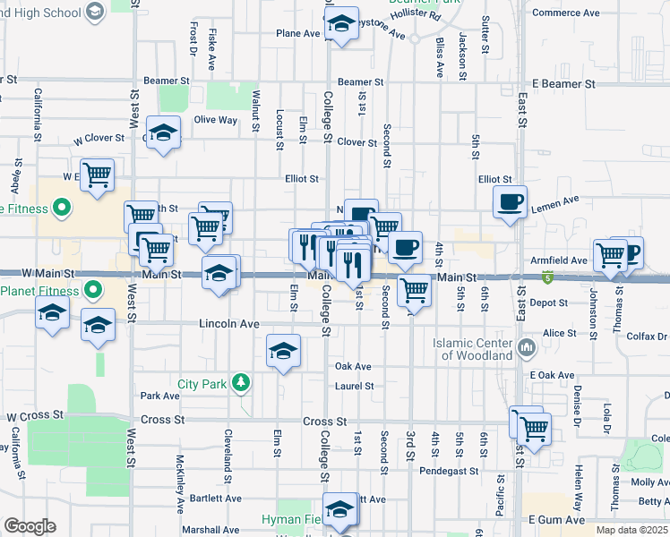 map of restaurants, bars, coffee shops, grocery stores, and more near 506 Main Street in Woodland
