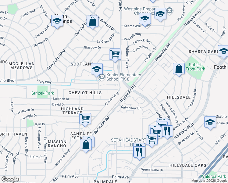 map of restaurants, bars, coffee shops, grocery stores, and more near 6113 Gilman Way in North Highlands