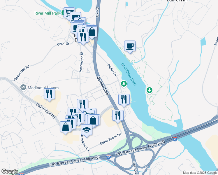 map of restaurants, bars, coffee shops, grocery stores, and more near 12701 Gordon Boulevard in Woodbridge