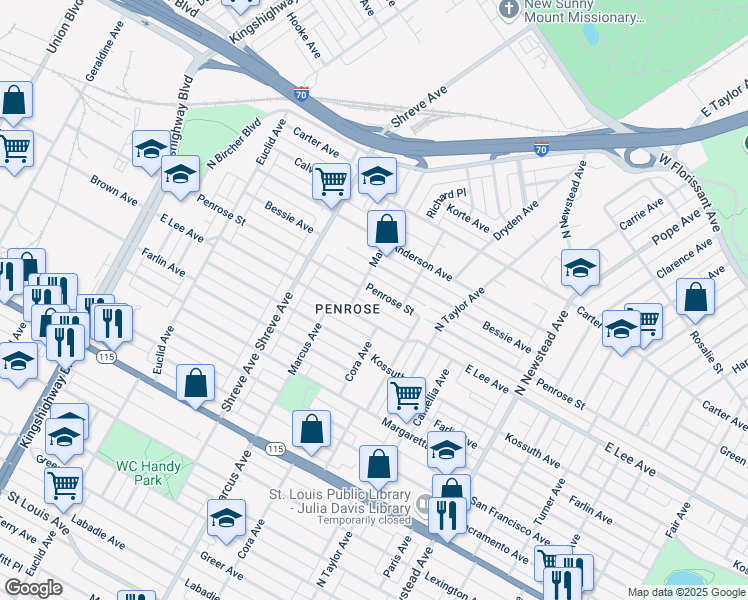 map of restaurants, bars, coffee shops, grocery stores, and more near 4634 Penrose Street in St. Louis