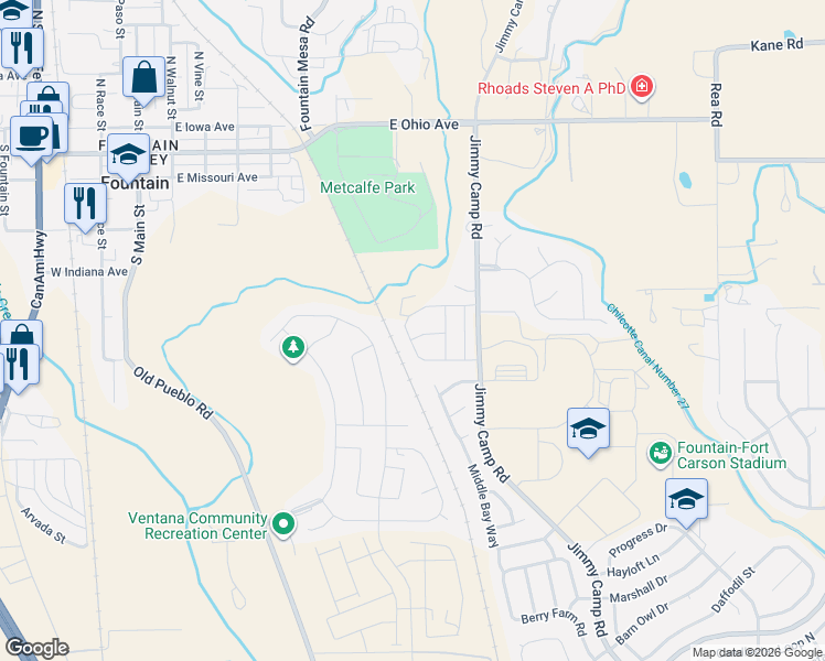 map of restaurants, bars, coffee shops, grocery stores, and more near 7353 Little Jimmy Grove in Fountain