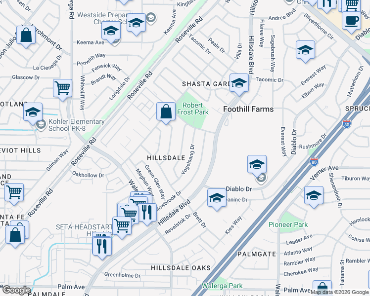 map of restaurants, bars, coffee shops, grocery stores, and more near 5956 York Glen Way in Sacramento