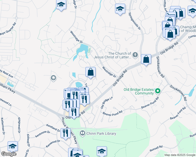 map of restaurants, bars, coffee shops, grocery stores, and more near 4014 Cairo Place in Woodbridge