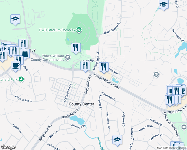 map of restaurants, bars, coffee shops, grocery stores, and more near 4675 Montega Drive in Woodbridge
