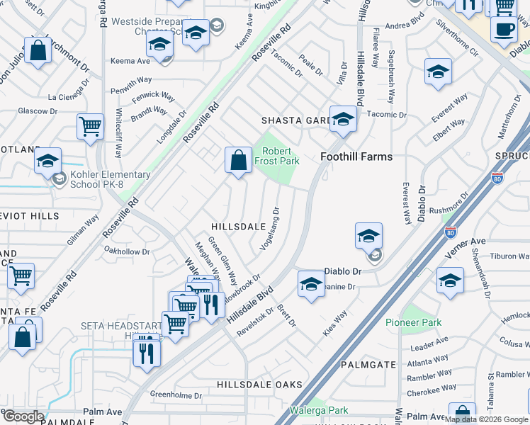 map of restaurants, bars, coffee shops, grocery stores, and more near 5956 York Glen Way in Sacramento