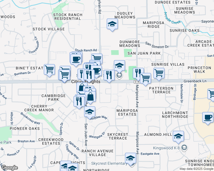 map of restaurants, bars, coffee shops, grocery stores, and more near 7500 Greenback Lane in Citrus Heights