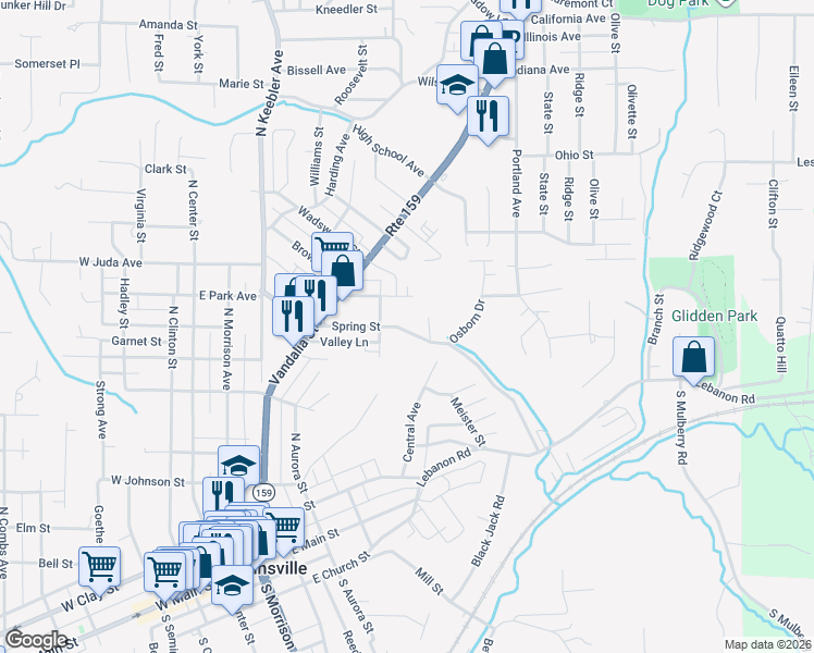 map of restaurants, bars, coffee shops, grocery stores, and more near 515 Spring Avenue in Collinsville