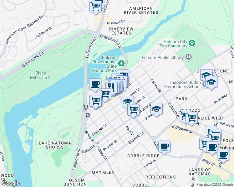 map of restaurants, bars, coffee shops, grocery stores, and more near in Folsom