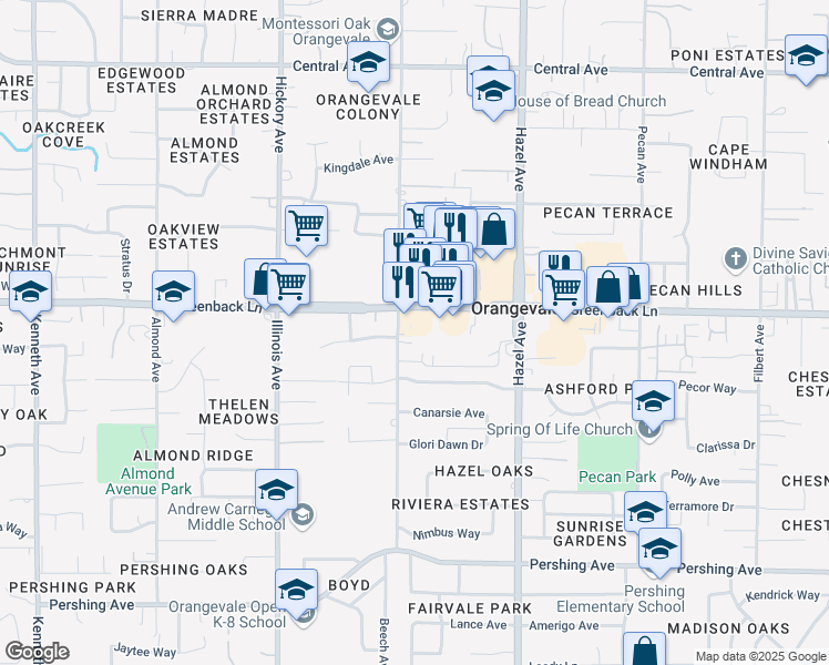 map of restaurants, bars, coffee shops, grocery stores, and more near 6120 Beech Avenue in Orangevale