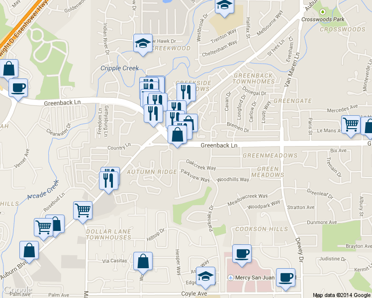map of restaurants, bars, coffee shops, grocery stores, and more near 6296 Greenback Lane in Citrus Heights