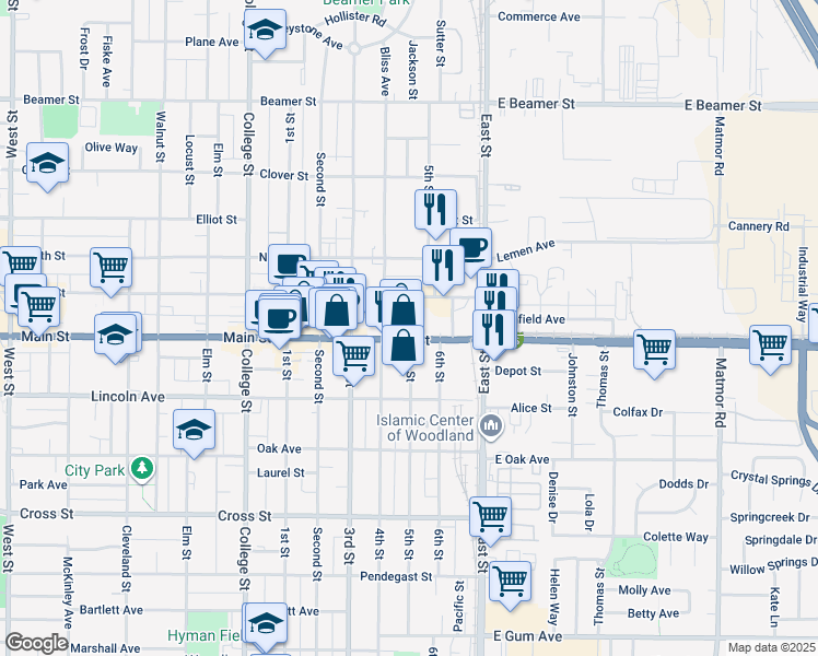 map of restaurants, bars, coffee shops, grocery stores, and more near 927 Main Street in Woodland