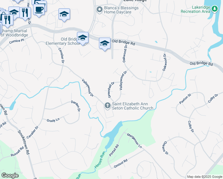 map of restaurants, bars, coffee shops, grocery stores, and more near 2996 Jamestown Court in Woodbridge
