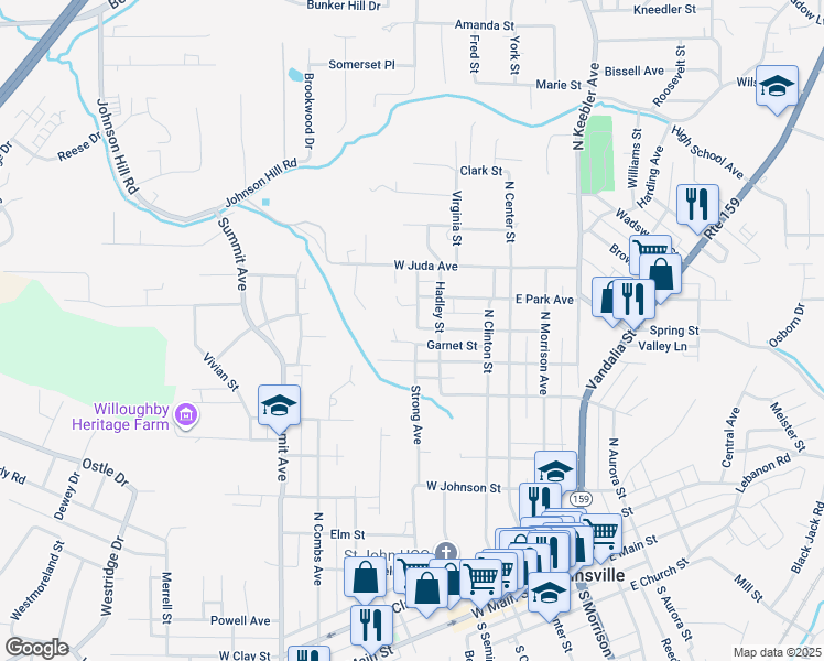 map of restaurants, bars, coffee shops, grocery stores, and more near 216 West Lincoln Street in Collinsville