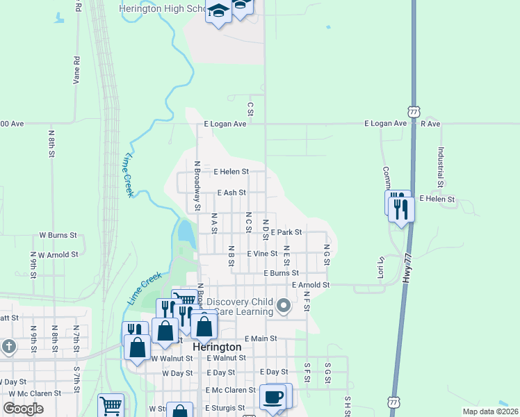 map of restaurants, bars, coffee shops, grocery stores, and more near 721 East Chestnut Street in Herington