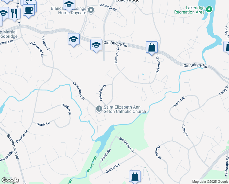 map of restaurants, bars, coffee shops, grocery stores, and more near 12661 Valleywood Drive in Woodbridge