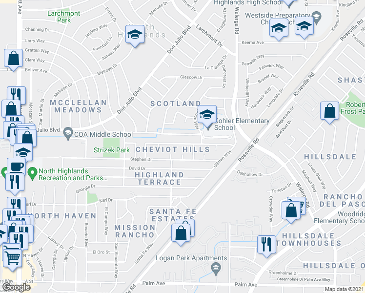 map of restaurants, bars, coffee shops, grocery stores, and more near 4112 Cornelia Way in North Highlands