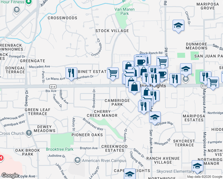 map of restaurants, bars, coffee shops, grocery stores, and more near 6131 Terrell Drive in Citrus Heights
