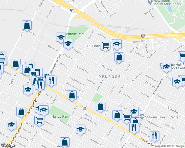 map of restaurants, bars, coffee shops, grocery stores, and more near 4052 Shreve Avenue in St. Louis